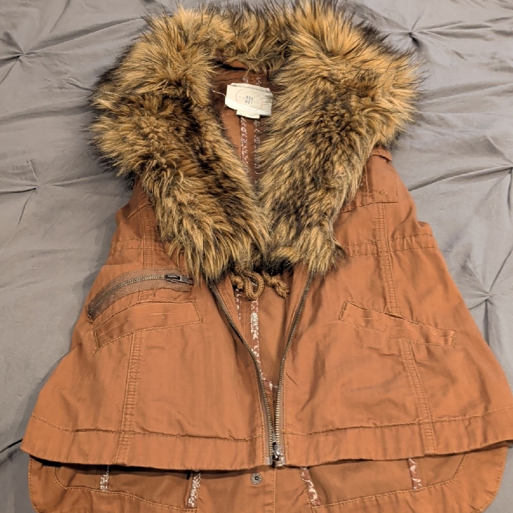 Anthropologie Tan Vest with Faux Fur Trim